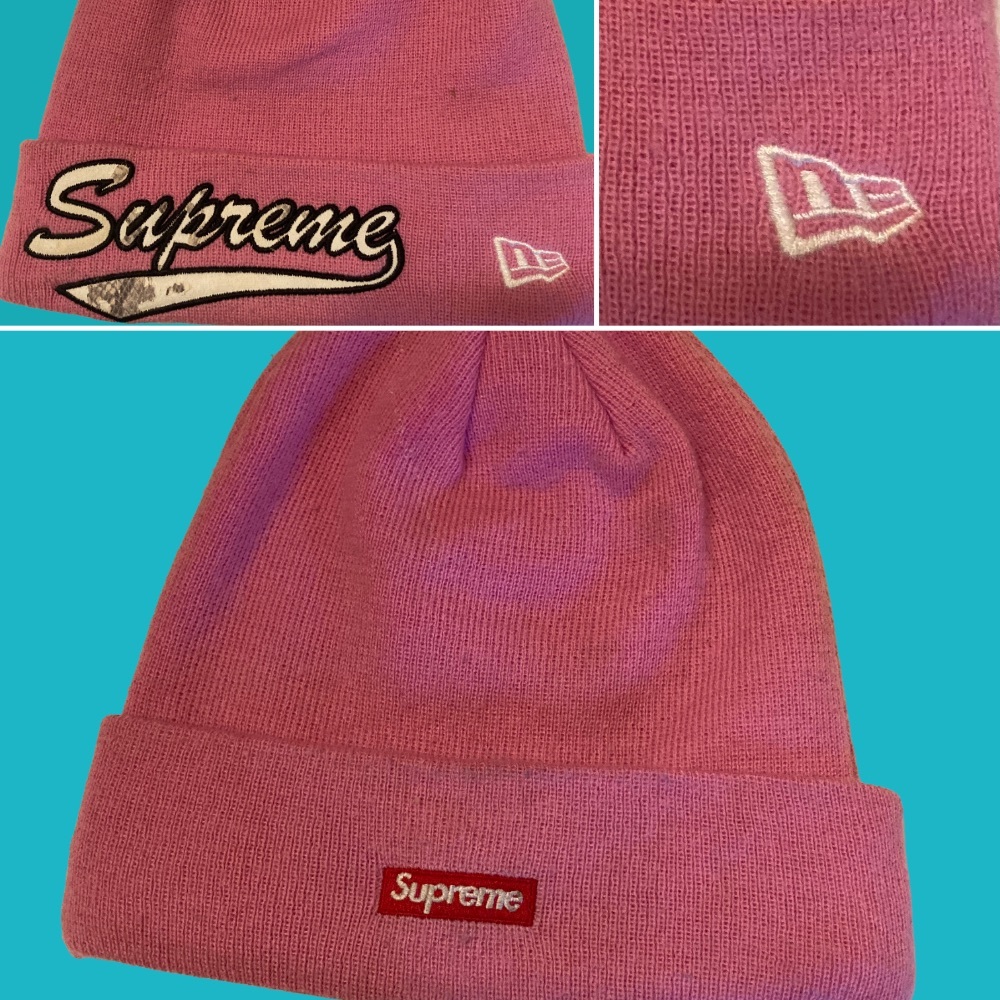 Rare Pink Supreme/New Era Snake Script Beanie with Classic Red Supreme Logo